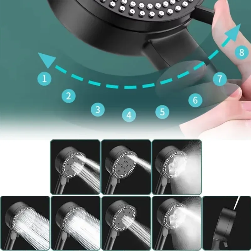 8 Modes High-Pressure Shower Head Set Fall Resistance Black Handheld Shower Head Water Saving Bathroom Shower Accessories