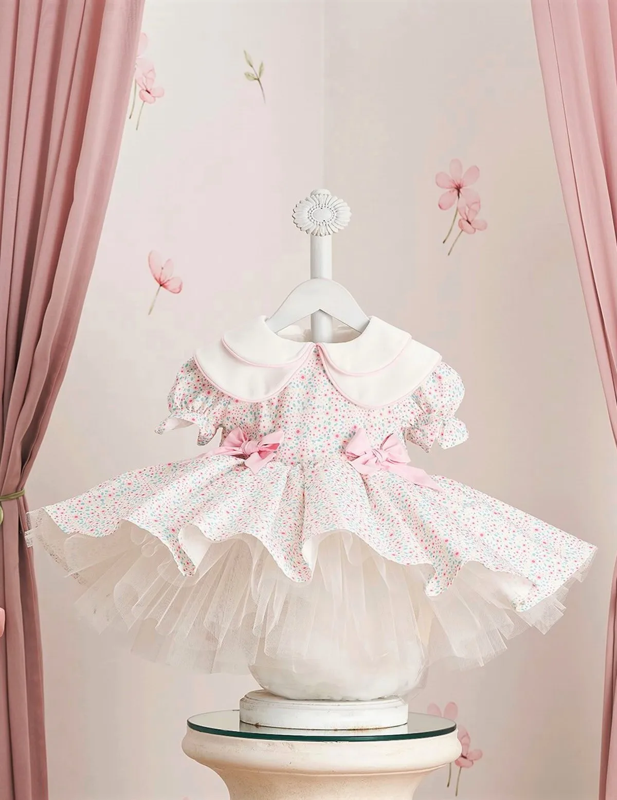 Summer Girl Pink bow double collar Ditsy Print Dress For Casual Party Birthday Wedding Photography