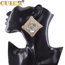 CUIER Superior Stereoscopic Square Ear Studs for Women Big Golden Geometric Earring Jewelry Glass Gemstone Top quality