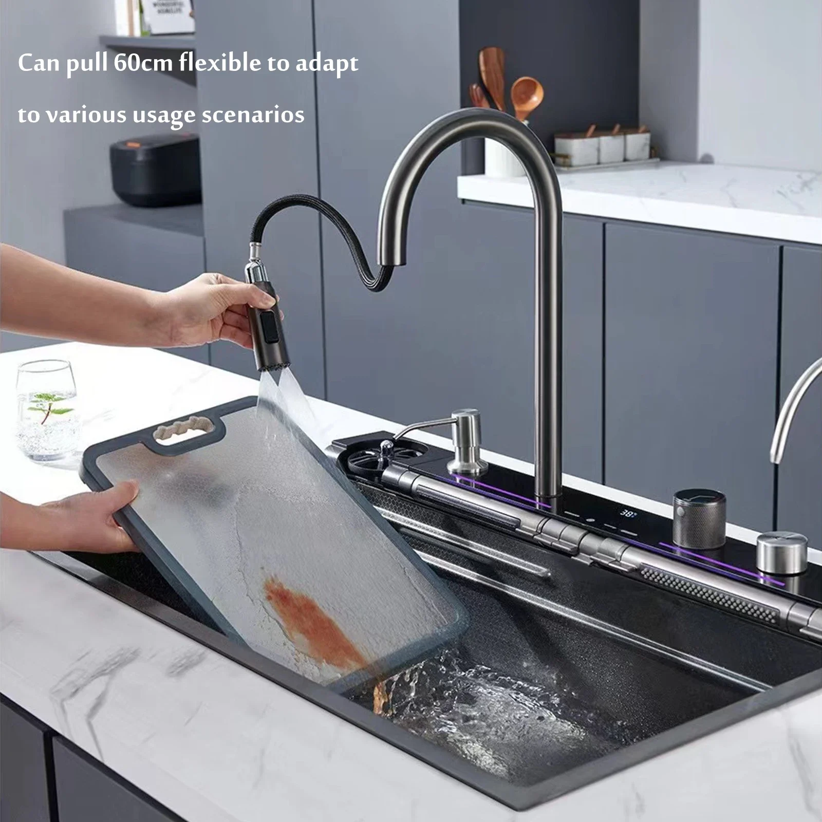 Kitchen Sink Digital Display Embossed Large Single Groove honeycomb Nano Raindance Waterfall Sink 29.5 INCH Sinks for kitchen