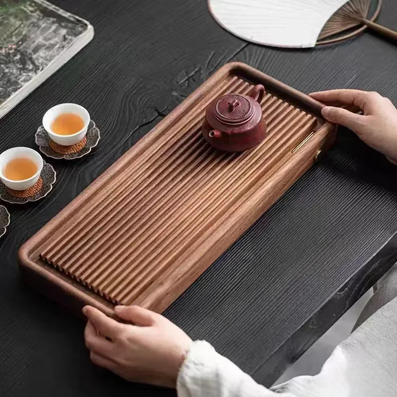 Retro Walnut Wood Tea Tray Rectangular Household Kung Fu Tea Set Drainage Board Simple Light Luxury Style Water Storage