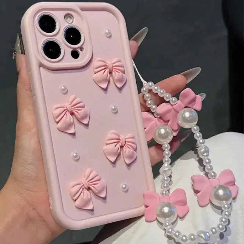 Custodia per telefono in silicone coreano 3D Bowknot Perla per iPhone 16 17 Pro 15 14 13 12 11 Pro Max 16E 7 8 Plus con copertura morbida con cordino