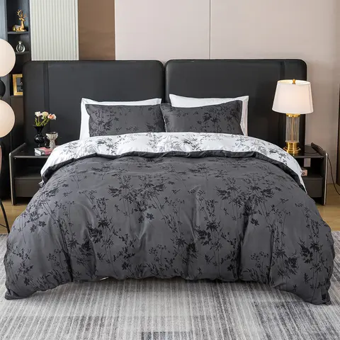 Black and White Plant Print Three-Piece Quilt Cover Set (1 Quilt Cover + 2 Pillowcases) Ultra-Soft Breathable Fabric, Skin-Friendly, Comfortable, Breathable, Machine Washable, Suitable for All Seasons, Elegant and Exquisite, Ideal Choice for Bedrooms and Guest Rooms