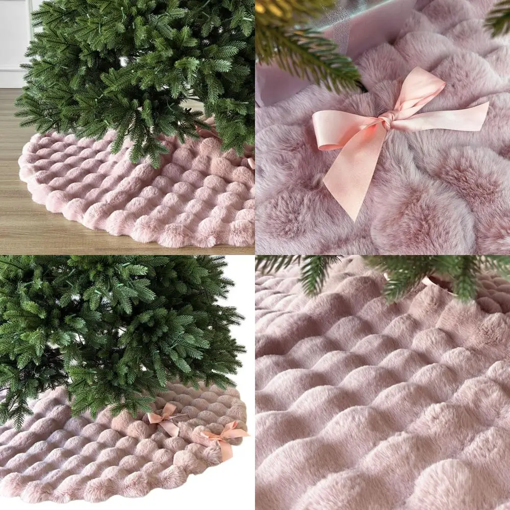 

Baby Pink 48 Faux Fur Puff Quilted Christmas Tree Skirt with Satin Ribbons