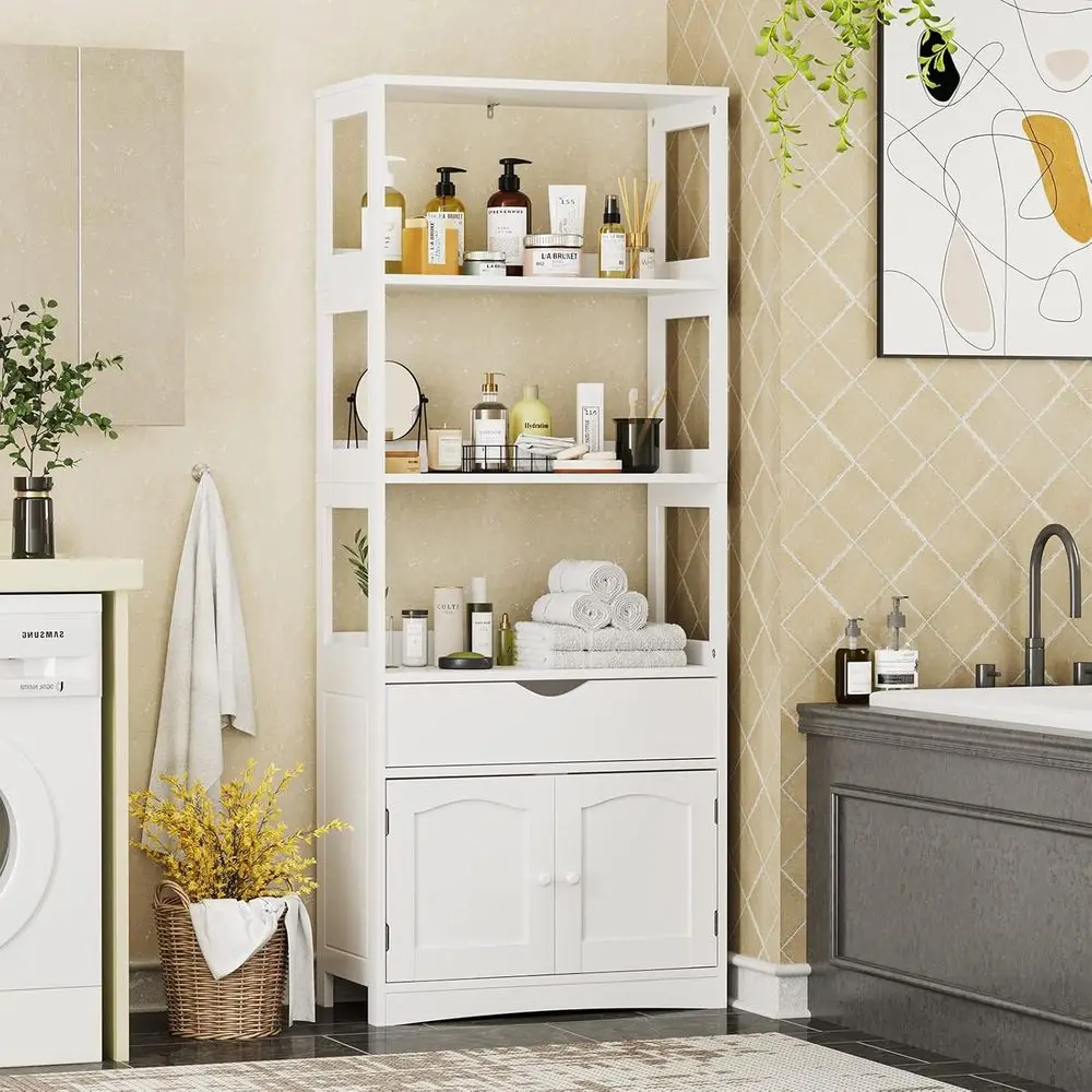 Mueble de despensa de cocina alto independiente con estantes, cajones y espacio para microondas, blanco, 23,62x13x64.06 pulgadas