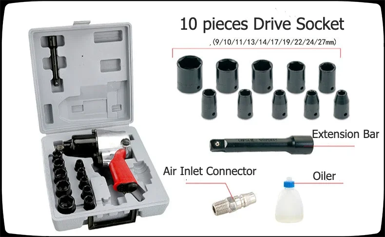TY54701K Pneumatic Impact Wrench Kit 13 Piece Includes M9, 10,11,13,14,17,19,22,24 Socket | 450 Ft. Lbs | 8,000 Rpm