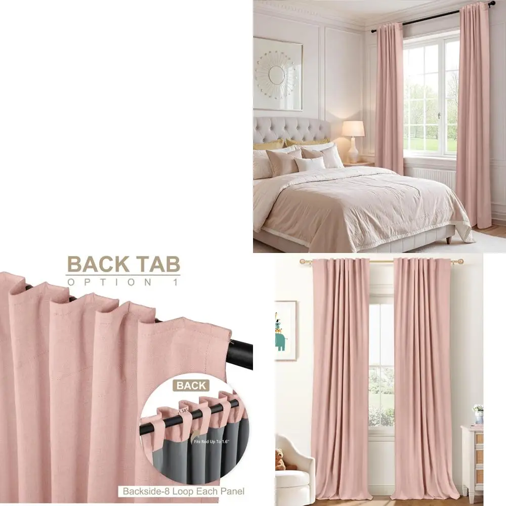 

Blush Pink Thermal Insulated Linen Curtains, 2-Panel Set, 50x102, Back Tab/Rod Pocket for Bedroom & Living Room
