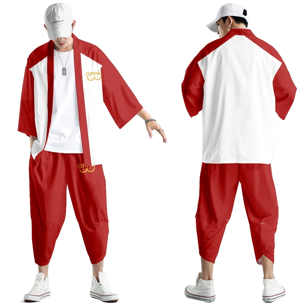 

Японское кимоно, кардиган, брюки, комплект с принтом аниме Saitama Oppai, мужская и женская рубашка, традиционный юката хаори Оби, карнавальный костюм