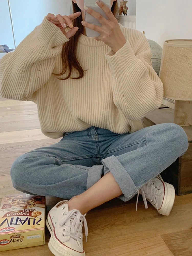 Oversized Loose Knitted Women Sweaters O-neck Long Sleeve Pullovers Vintage Ladies Jumpers Rose Green Knitwear Femme Pull 2022