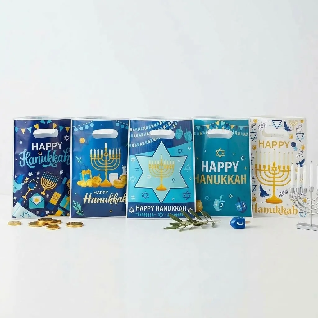50Pcs/Pack Happy Hanukkah Theme OPP Gift Packing Bag Chanukah Candle Candy Cake Bag for Jewish Hanukkah Christmas Party Decor