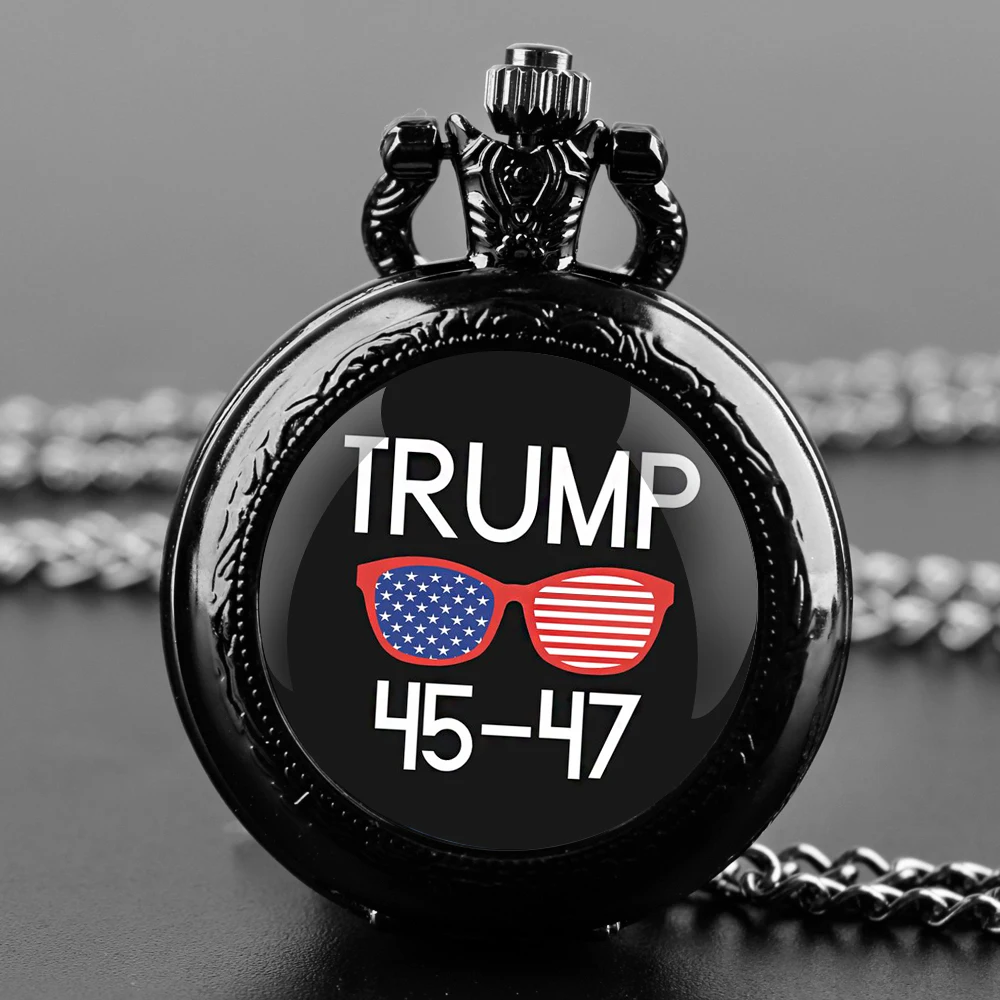 Trump 45-47 Design Glass Dome Quartz Pocket Watch with Durable Chain Arabic Numeral Dial for Men and Women Creative Gifts