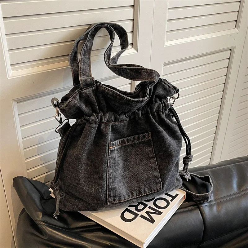 Washed Denim Large Capacity Single Shoulder Bucket Bag 2024 New Trendy Versatile One Bag Smooth Shoulder Strap Versatile Bag