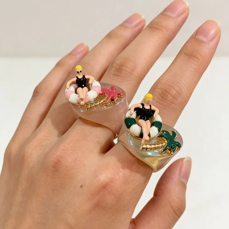 

Vacation Style Cartoon Pool Ring Cute Coconut Tree Beach Finger Ring Healing Heart Creative Fun Adjustable Rings for Women