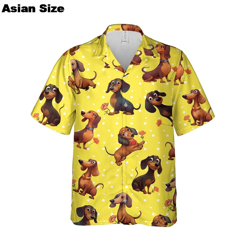 Cartoon Dachshund Dog 3D Printed Shirt For Men Animal Pet Dogs Graphics Short Sleeves Hawaiian Shirts Tops Unisex Lapel Blouse