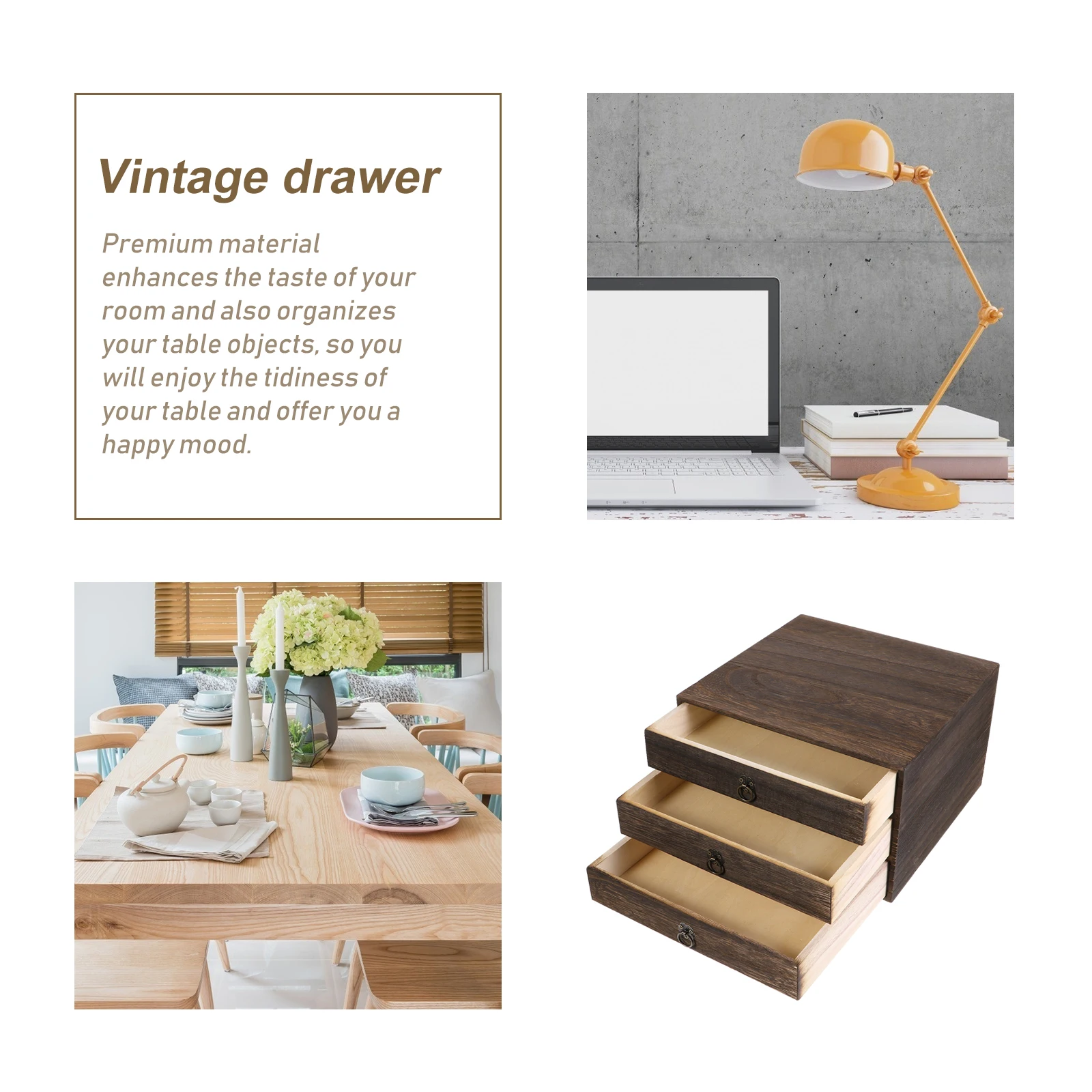 

1pc Wooden Desk Drawer Organizer 3 Layer Storage Box Desktop Sundry Holder Retro Pull Ring Design Natural Wood Material