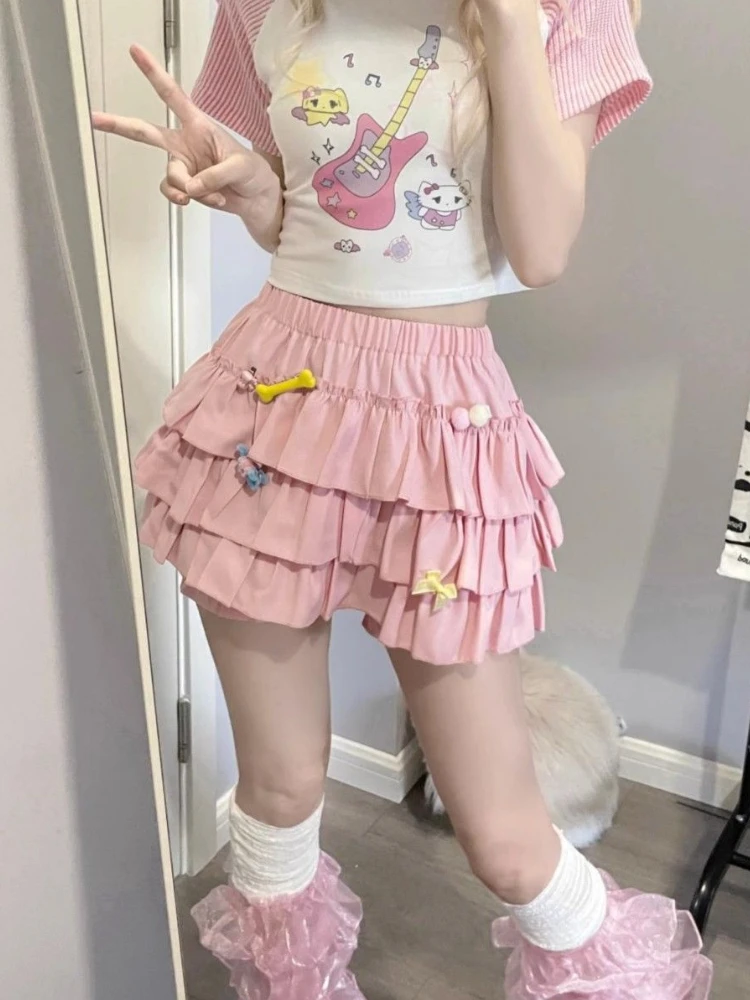 DEEPTOWN Kawaii Lolita Skirt Women Ruffle Layered High Waist Cutecore Mini Skirt Shorts Harajuku Japanese Style Soft Girl