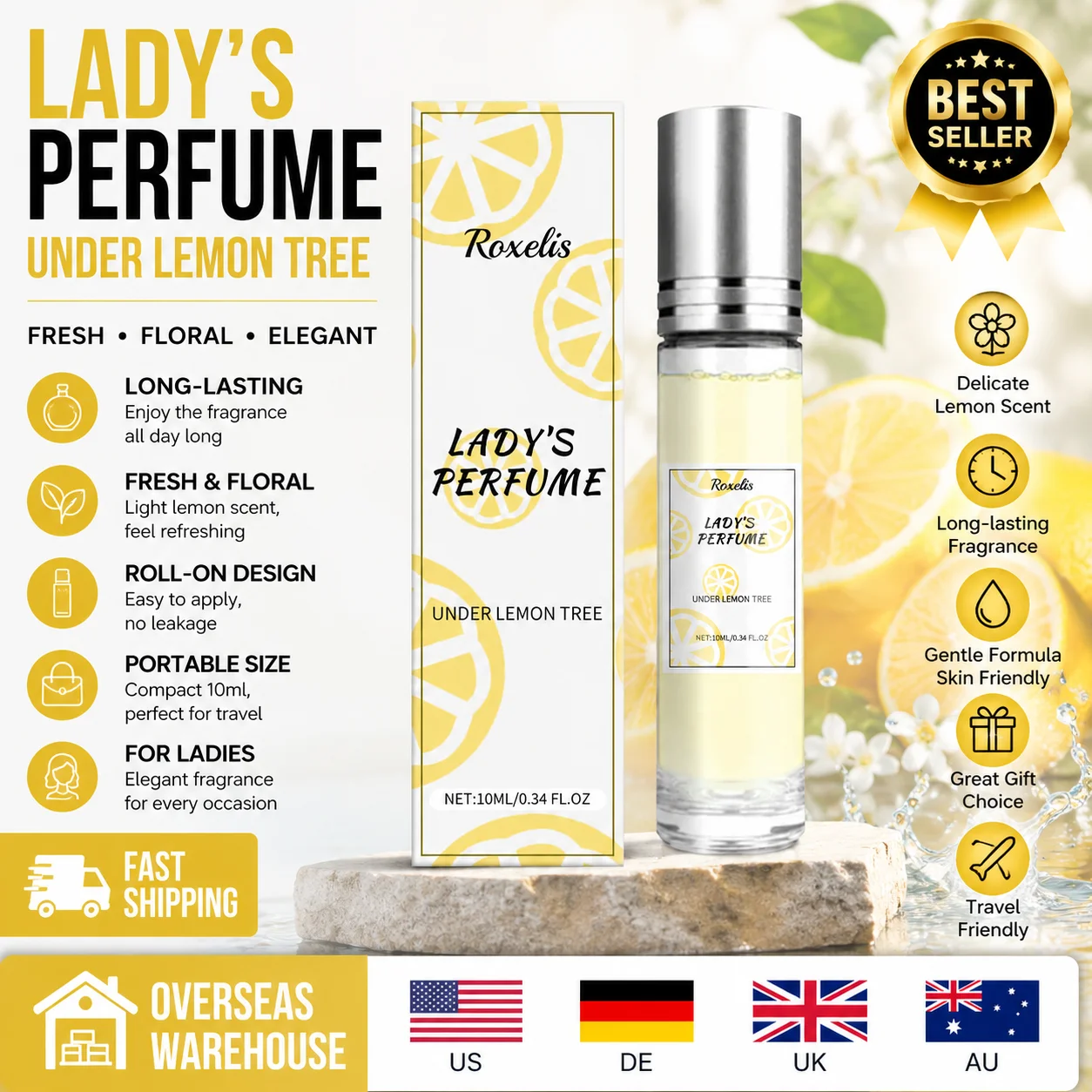 Perfume en Roll-on de 10 ml con Aroma a Limón para Mujer, Aceite de Colonia de Larga Duración, Perfume Portátil de Viaje, Envío desde Almacén en el Extranjero