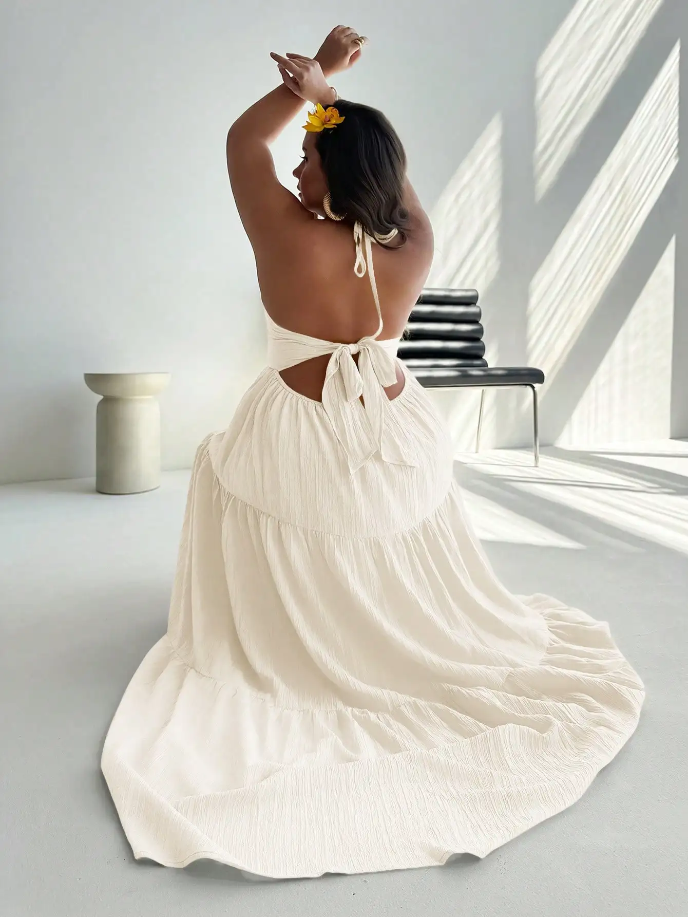

Cream Chiffon Halter Backless Maxi Dress with Tiered Skirt and Tie Detail
