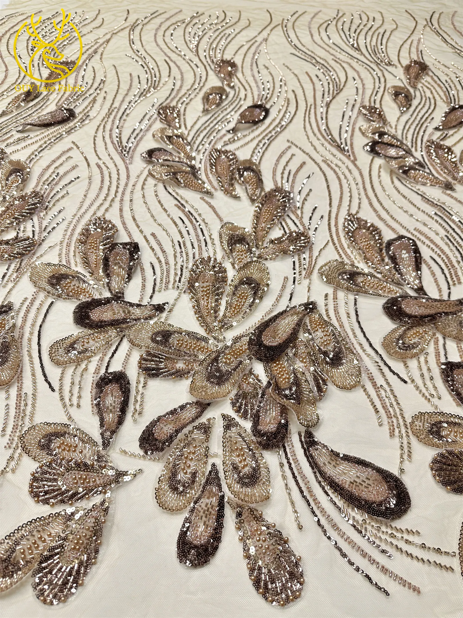 3D Luxus Afrikanischer bestickter Perlen-Mesh-Spitzenstoff, 5 Yards, französischer Tüll-Pailletten-Spitzenstoff für nigerianische Hochzeitskleider zum Nähen – Detail 8
