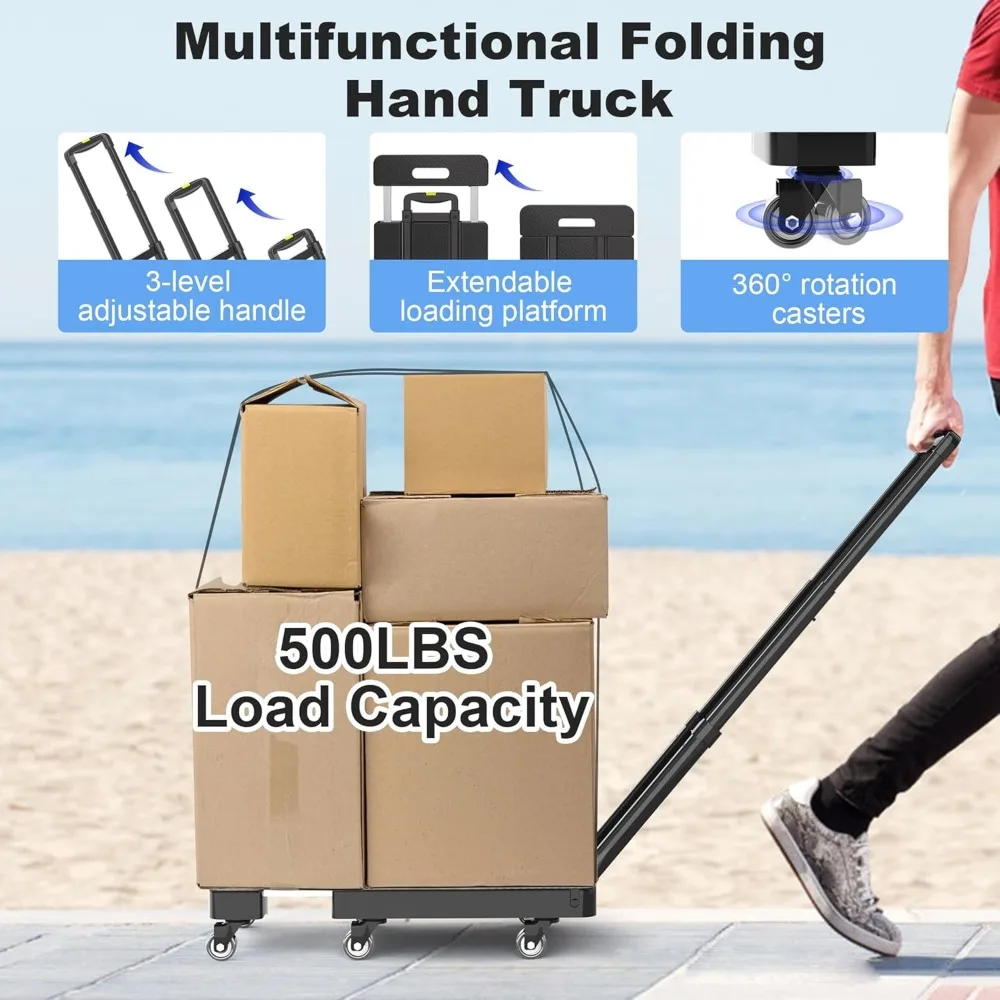 500 LBS Heavy Duty opvouwbare steekwagen met 6 wielen, telescopische handgreep en touwen voor verplaatsen, reizen, thuis