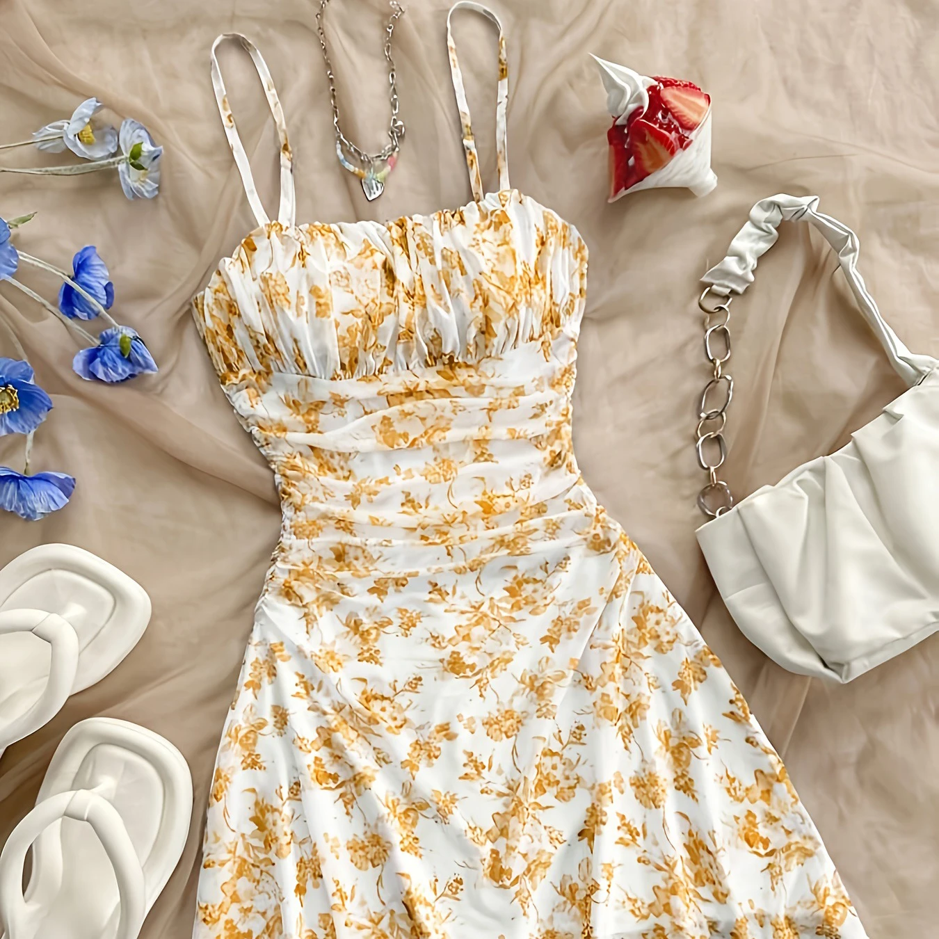 Sommer Frauen Floral Mini Kleid Mode Falten Hohe Taille Sexy Backless Slip Kleider Urlaub Stil Sling Strand Sommerkleid