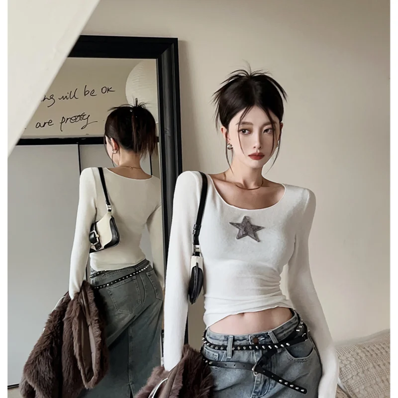 

Spring and Summer Women's Wear New Bottoming Shirt Design Chic Print Pentagram Temperament Short Top Slim White Round Neck Top