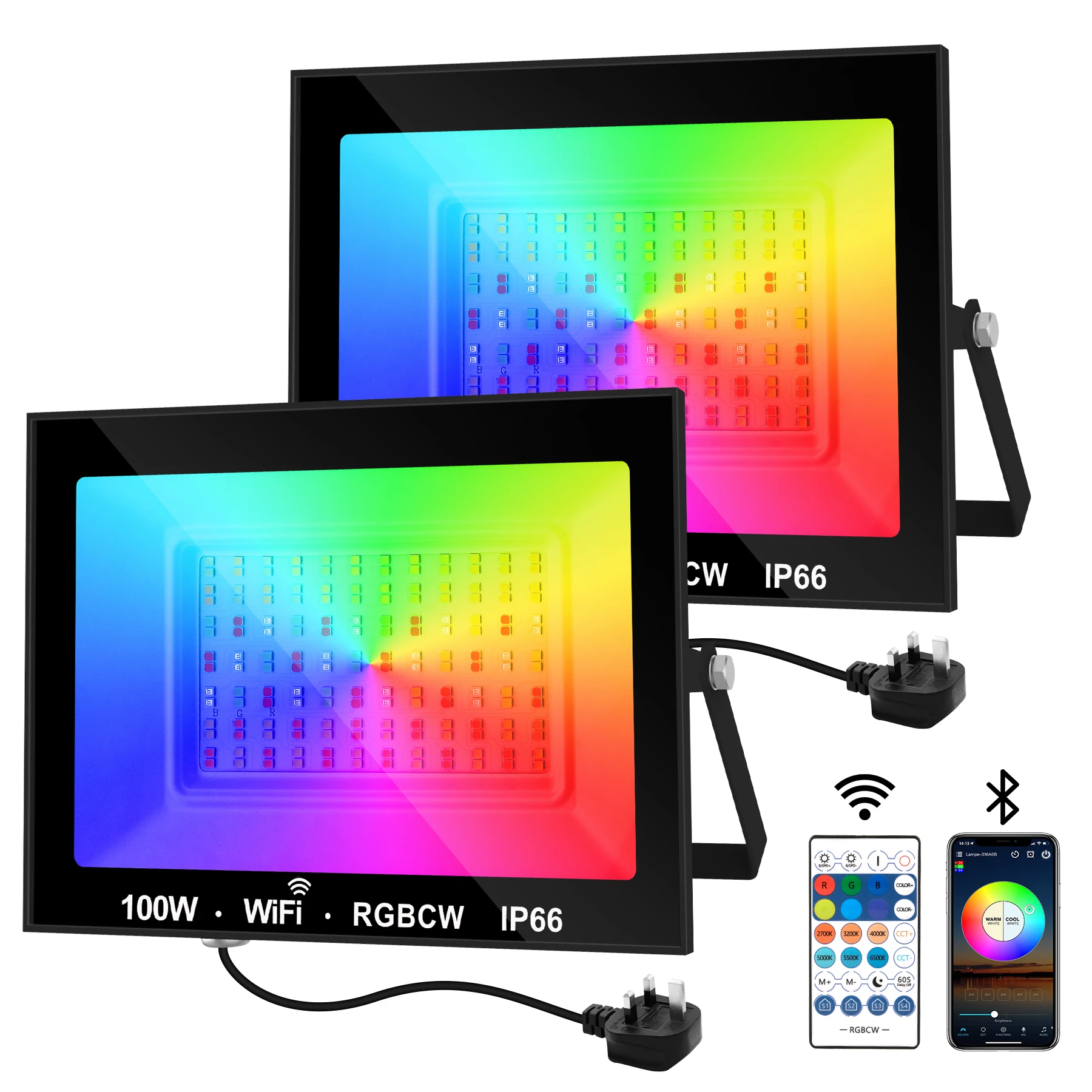 30W/60W/100W RGBCW LED Flood Light With APP Remote Control Floodlight Spotlight IP66 Outdoor Garden Lamp EU/UK/US Plug