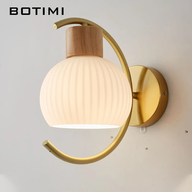 BOTIMI Modern Curved Golden Arm Glass Lampshade Solid Wood Wall Lamp For Bedroom Nordic Beside Wall Sconce (LED Bulb For Free