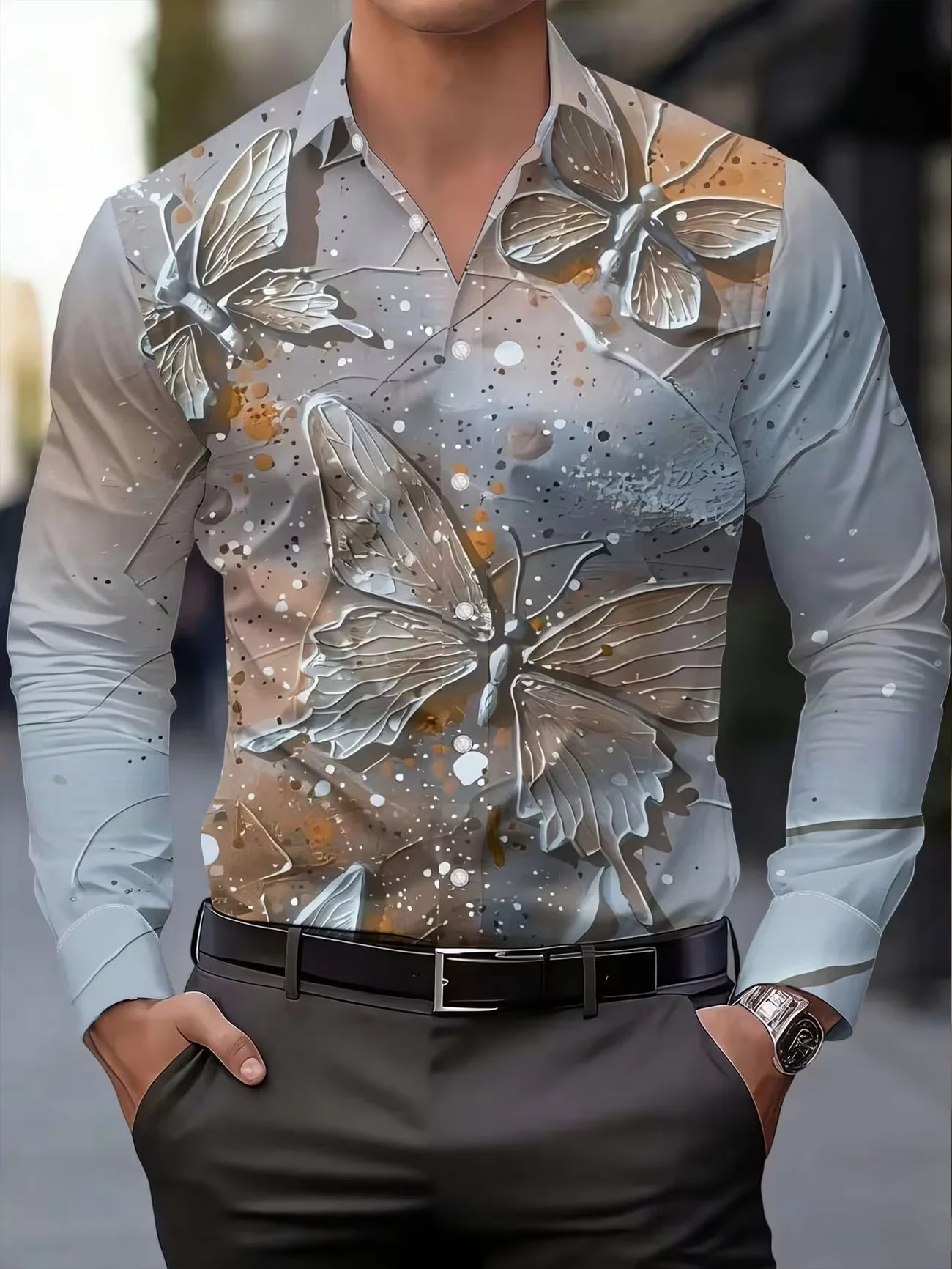 New red and white color blocked coffee cup printed men's long sleeved shirt, simple and personalized casual shirt