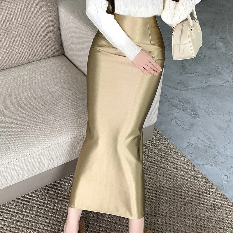 

Spring Fall Women High Waisted Wine Red Black Golden Slim Imitation Silk Skirt , Woman Elegant Fashion Ankle Length Satin Skirts