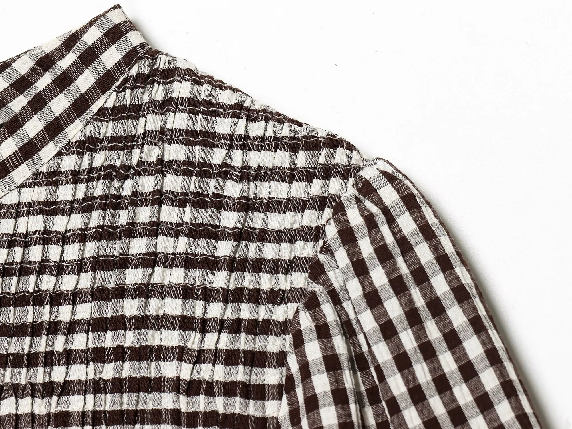 HH Vintage Damen Bluse mit Rüschensaum, elegantes Party-Shirt, modische Strand-Urlaubsbluse, kurze Puffärmel, lässige Sommer-Karo-Bluse, schmal geschnitten – Detail 6