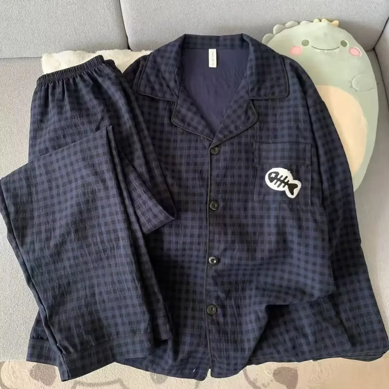 Men Plaid Pajamas, Autumn Winter New Loungewear, Design Embroidery Sleepwear, Long Sleeve Two Piece Pajama Set Vintage