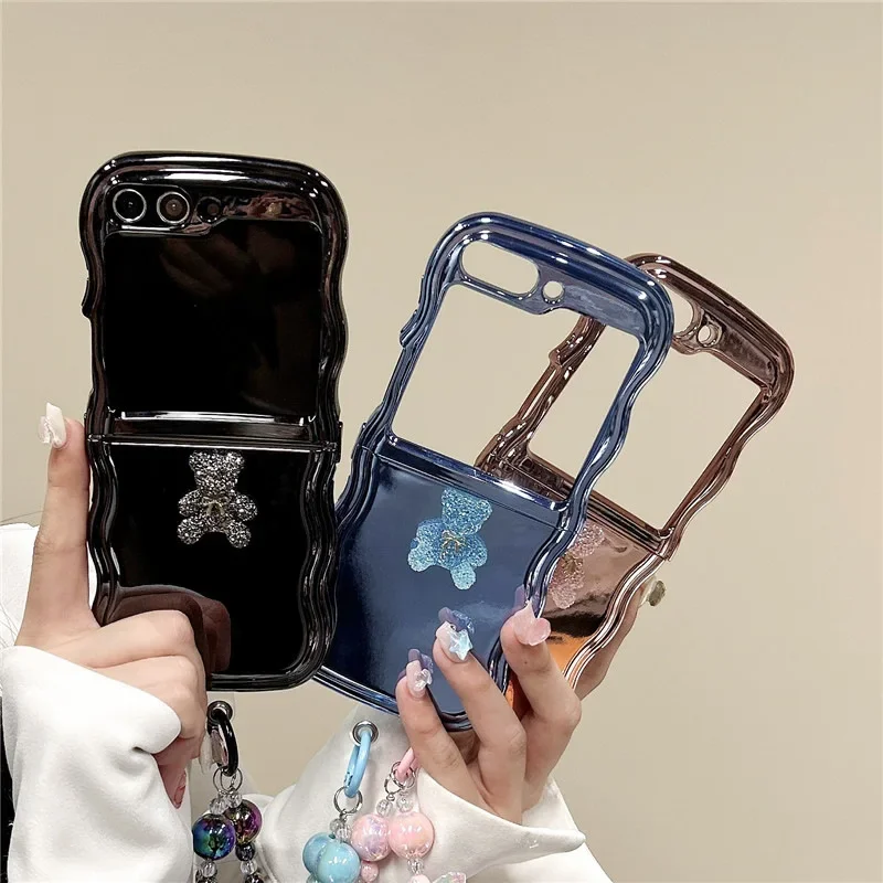 Блестящий чехол с медведем и гальваническим покрытием для телефона Samsung Galaxy Z Flip 6 5 4 3, защитная задняя крышка для ZFlip4 ZFlip5 ZFlip6, чехол