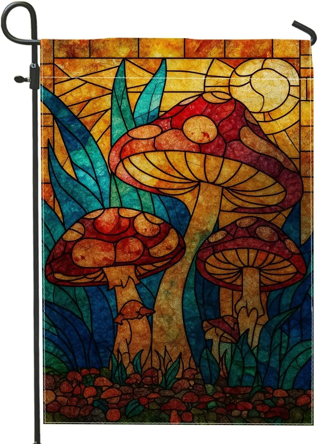 Colorful Stained Glass Mushroom Garden Flag, Vibrant Red Fungi Outdoor Decor Banner, Double Sided Burlap Yard Flag for Sprin PPM
