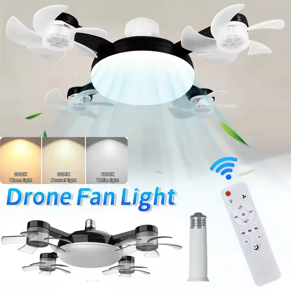 

2 in 1 Hanging Drone Fan with LED Light Remote Control Dimming Electric Fan E27 Silent Ceiling Fan Light for Bedroom Living Room