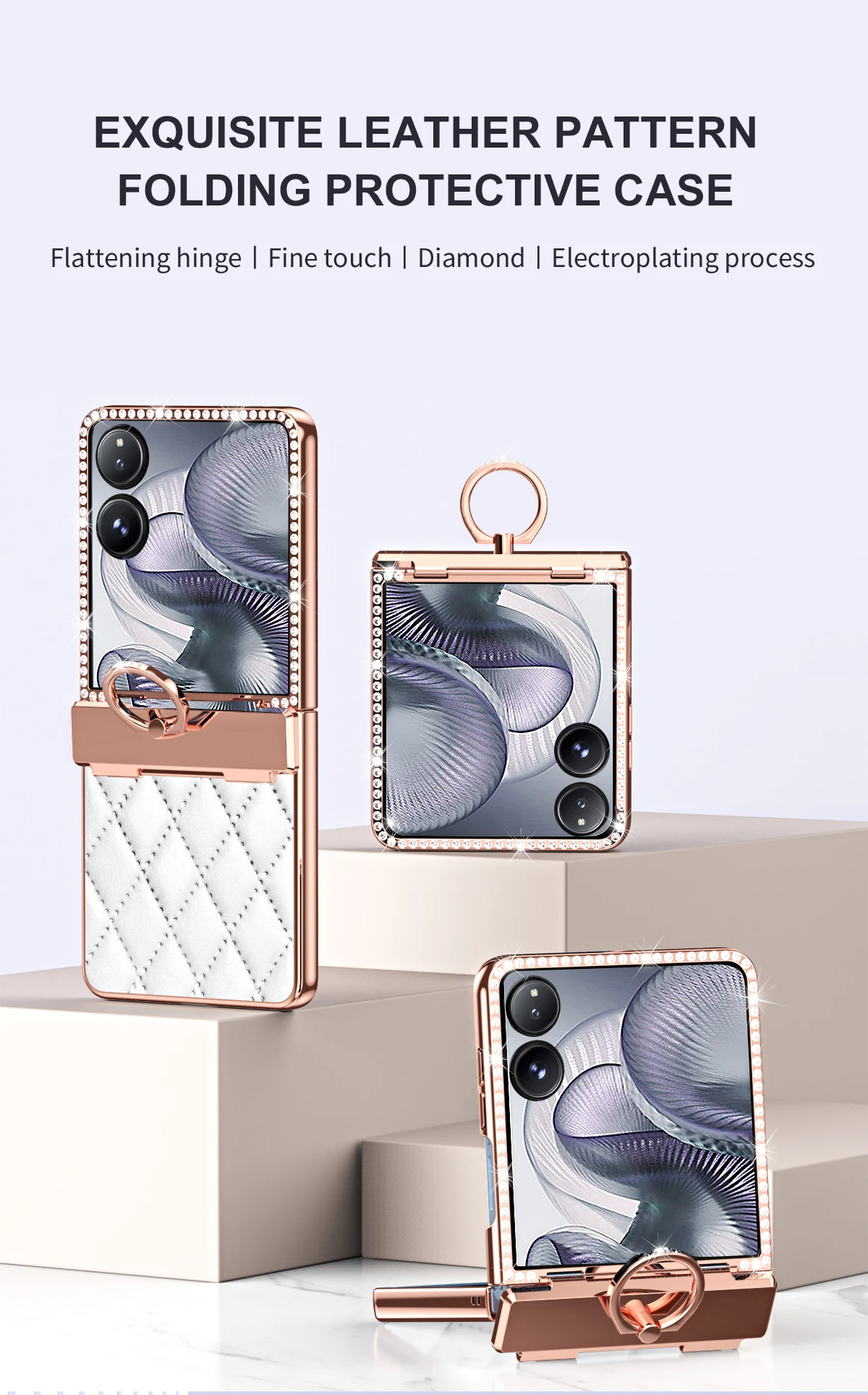 

For Xiaomi Mix Flip 1 2 Bling Rhinestone Electroplated Case Front Tempered Glass Full Hinge Ring Holder Anti Drop Cover
