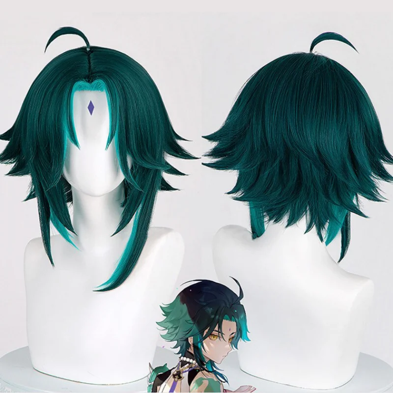 

Xiao Cosplay Wig 40cm Short Green Anime Wigs With Stickers Heat Resistant Synthetic Hair Halloween Party Wig come with Wig Cap