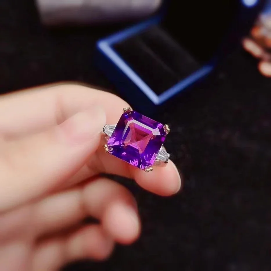 Dazzling Amethyst Silver Ring for Party 12mm Princess Square Cut Natural Amethyst Engagement Ring 925 Silver Amethyst Ring