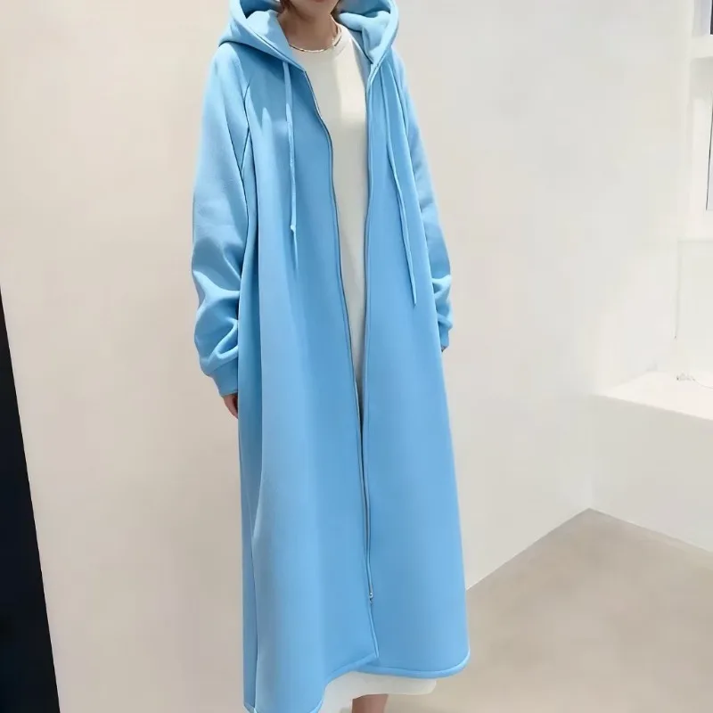 SuperAen Loose Oversize Hooded Zipped Cardigan Long Solid Color Coat 2026 Autumn and Winter New Simple Coats
