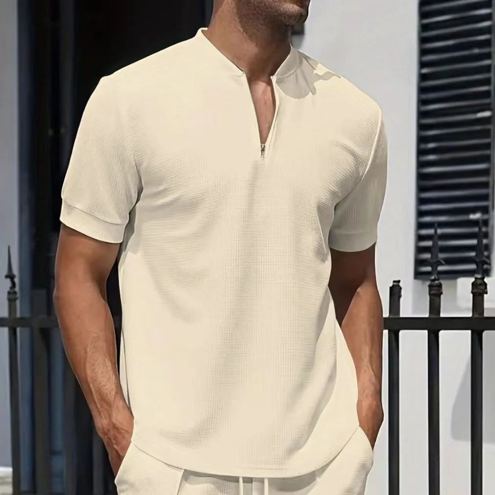 

2025 Summer New Men's Waffle V-neck Solid Color Half Zipper Polo Shirt