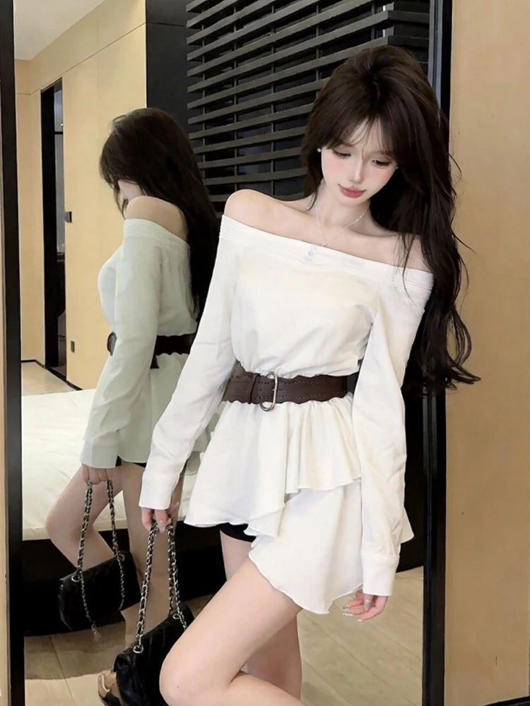 Retro One Shoulder Tulle Splice Long Sleeve T-Shirt Sexy Girl Style Versatile Slimming Design Sense Top for Young Women