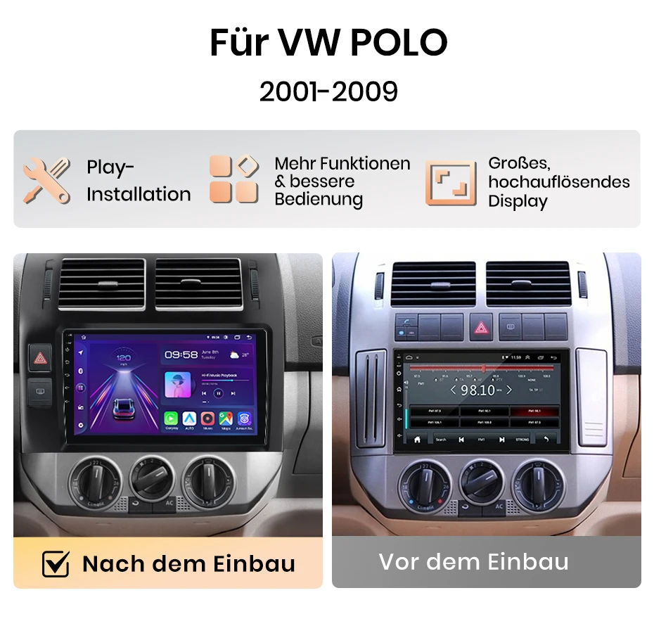 Junsun 9-Zoll Android 15 Autoradio für VW Volkswagen Polo Mk4 2001-2011, kabelloses Apple CarPlay, Auto-IPS-Bildschirm, Stereo-Multimedia-Videoplayer, intelligente Fahrzeugsysteme, 2-DIN-Autoradio-Haupteinheit, GPS-Navigation, BT, 4G, WLAN, FM, AM, DSP, RDS, SWC, DAB+ – Detail 4