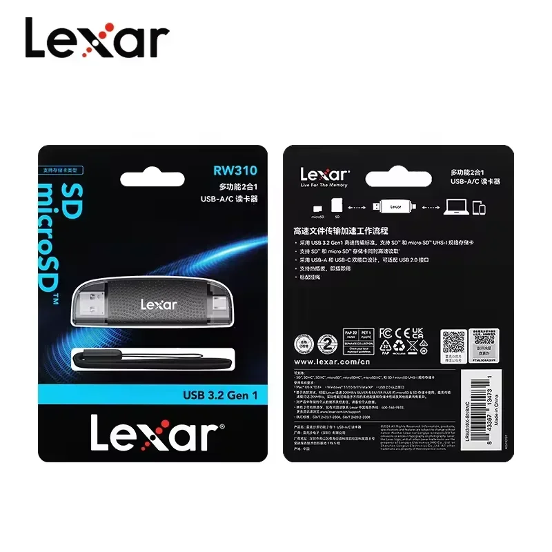 Lexar RW310 USB‑A Type‑C Dual‑Port Card Reader USB3.2 Gen1 2‑in‑1 Memory Adapter For SD Micro SD TF Card For Laptop Phone Camera