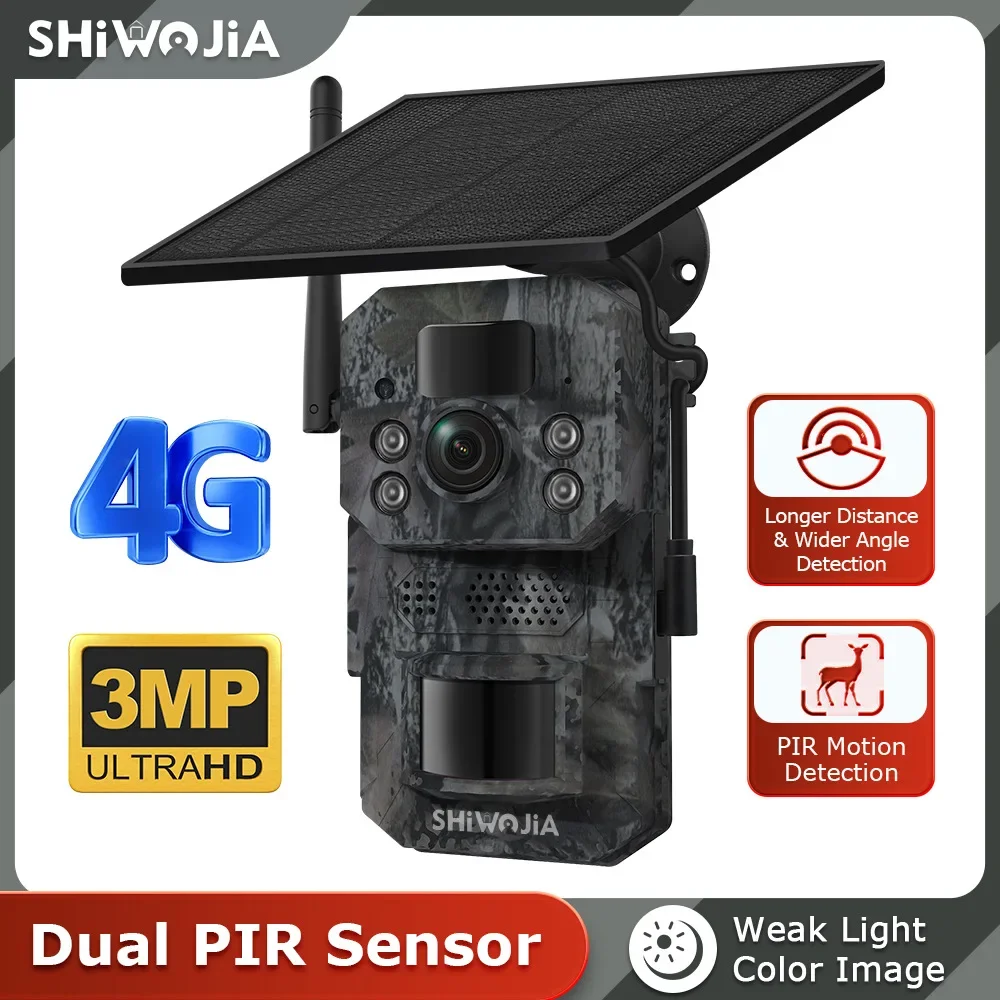 SHIWOJIA 4G LTE Solar Trail Camera 3MP 2K GPS PIR Motion IP65 Night Vision 25m APP Remote View Two-Way Audio for Wildlife Huntin