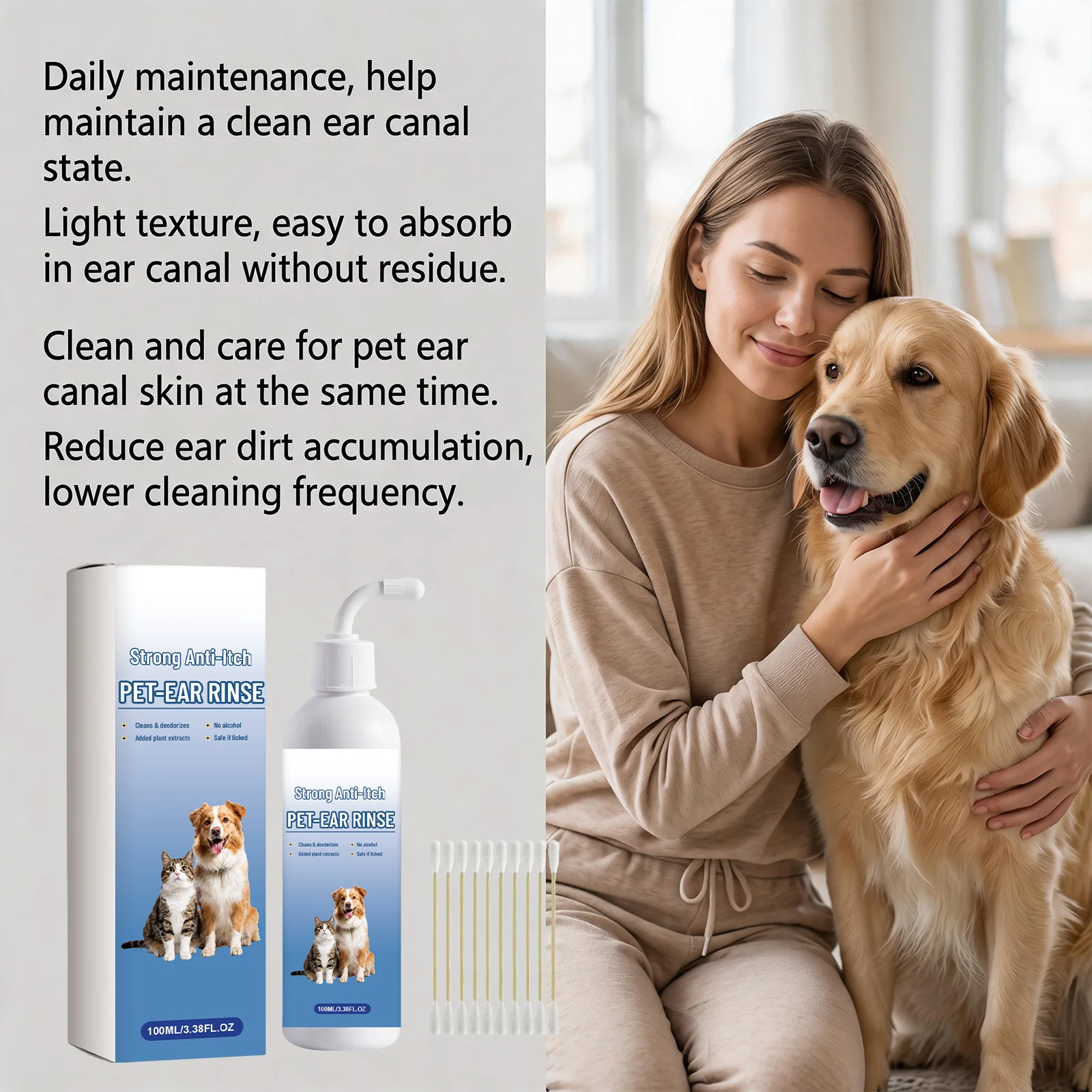 Pet Ear Cleaning Solution with 10 Cotton Swabs Mild Dogs Cats Remove Ear Wax Dirt Itching Daily Ear Care Pet Ear Cleaner Liquid