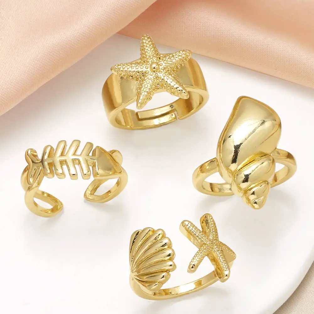 OCESRIO Trendy Starfish Conch Statement Rings for Women Copper Gold Plated Coral Fishbone Open Ring Women Jewelry righ34