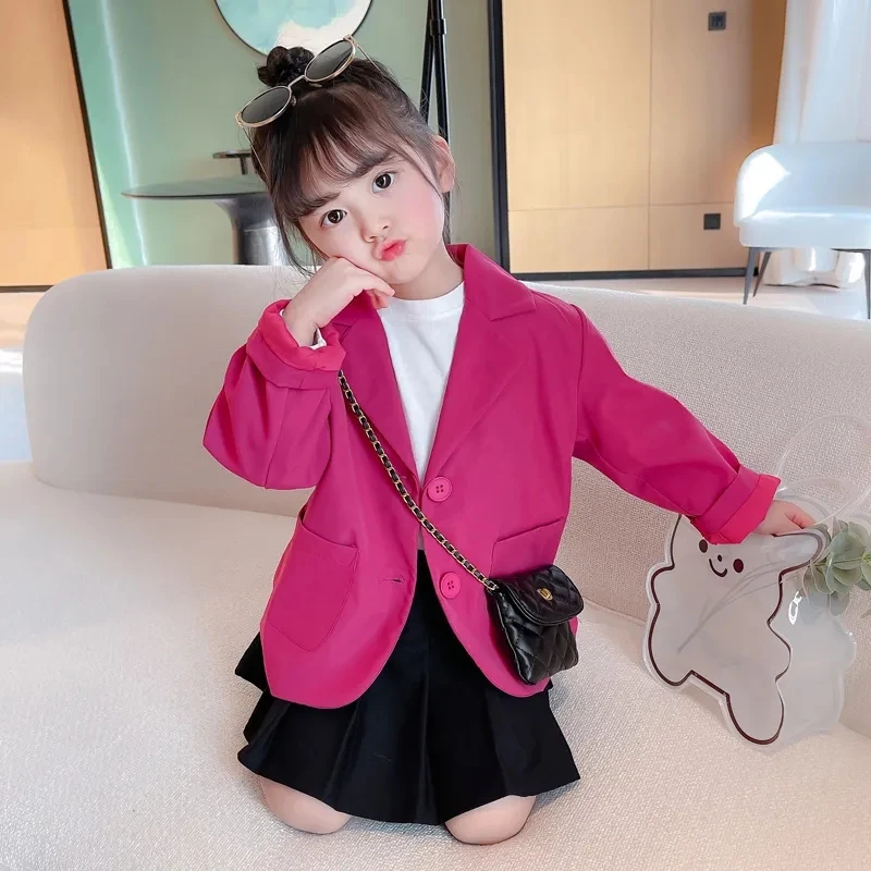 2-12 Years Girls Rose Red Blazer Toddler Children Lapel Jacket for Girls Solid Coat with Pockets Autumn Spring Girl Outerwear 8