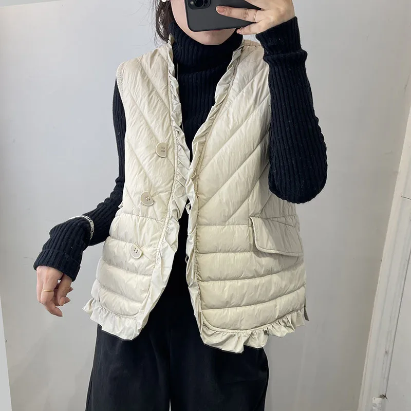 Winter Women V Neck Ruffles Bigsize Waistcoat Jacket Light Thin White Duck Down Vest Parkas Lady Sleeveless Short Warm Tank Coat