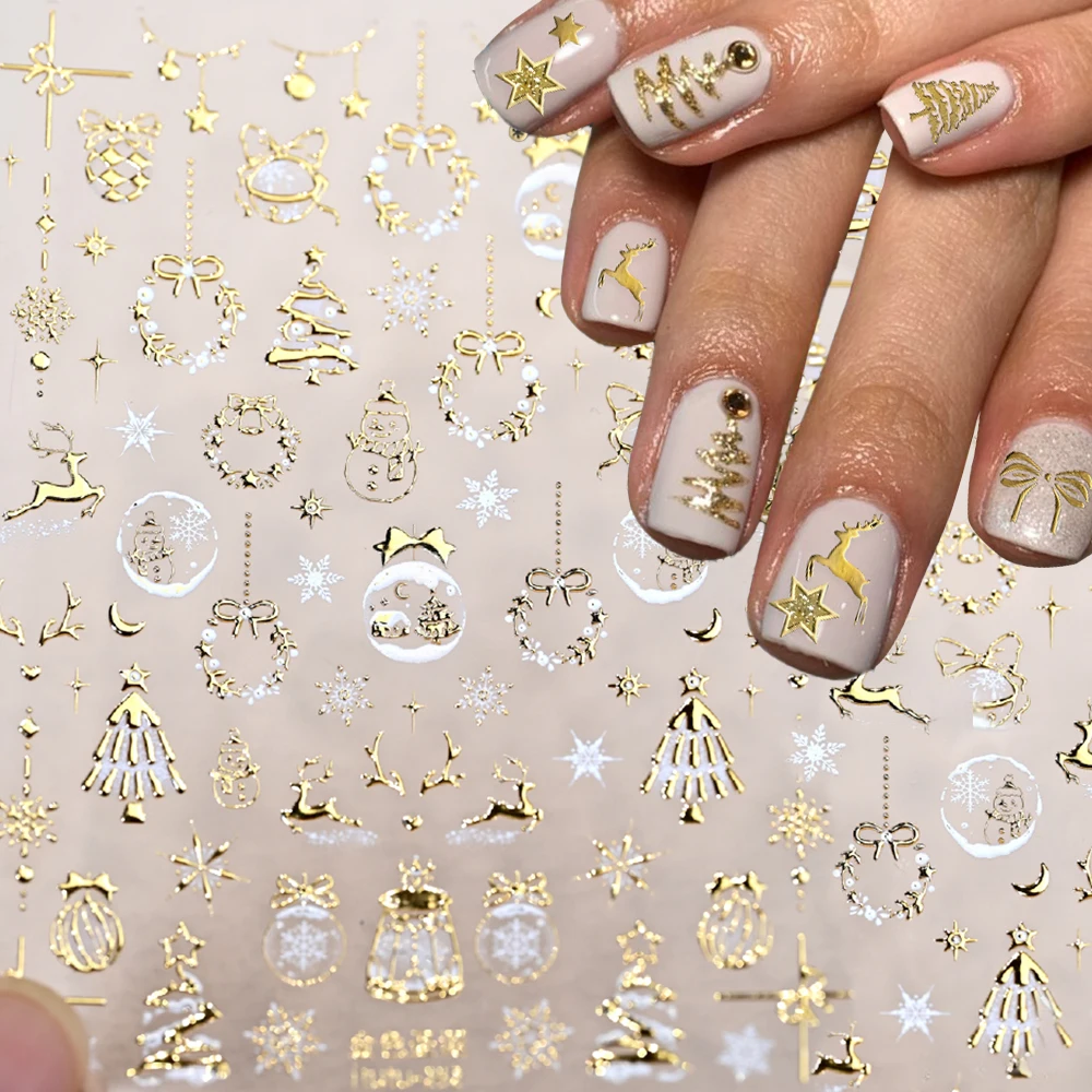 5D bronzant or noël Nail Art autocollant or/argent/rose flocon de neige Elk bonhomme de neige couronne noël ongles décalcomanie Festival ongles curseur #