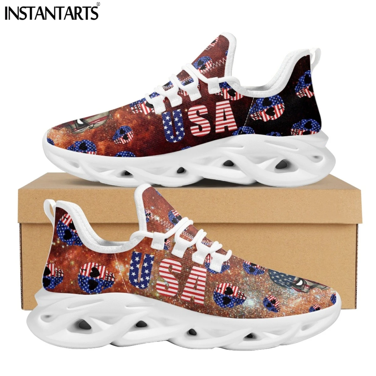 INSTANTARTS New Trend Unisex Lace-up Sneakers American Flag Skull Design Flats for Women Breathable Footwear Walking Shoes 2023